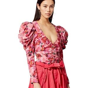 Isabel Marant $945 Floral Puff Sleeve Mirnao Ruched V Neck Top NWT Size 36 US 4